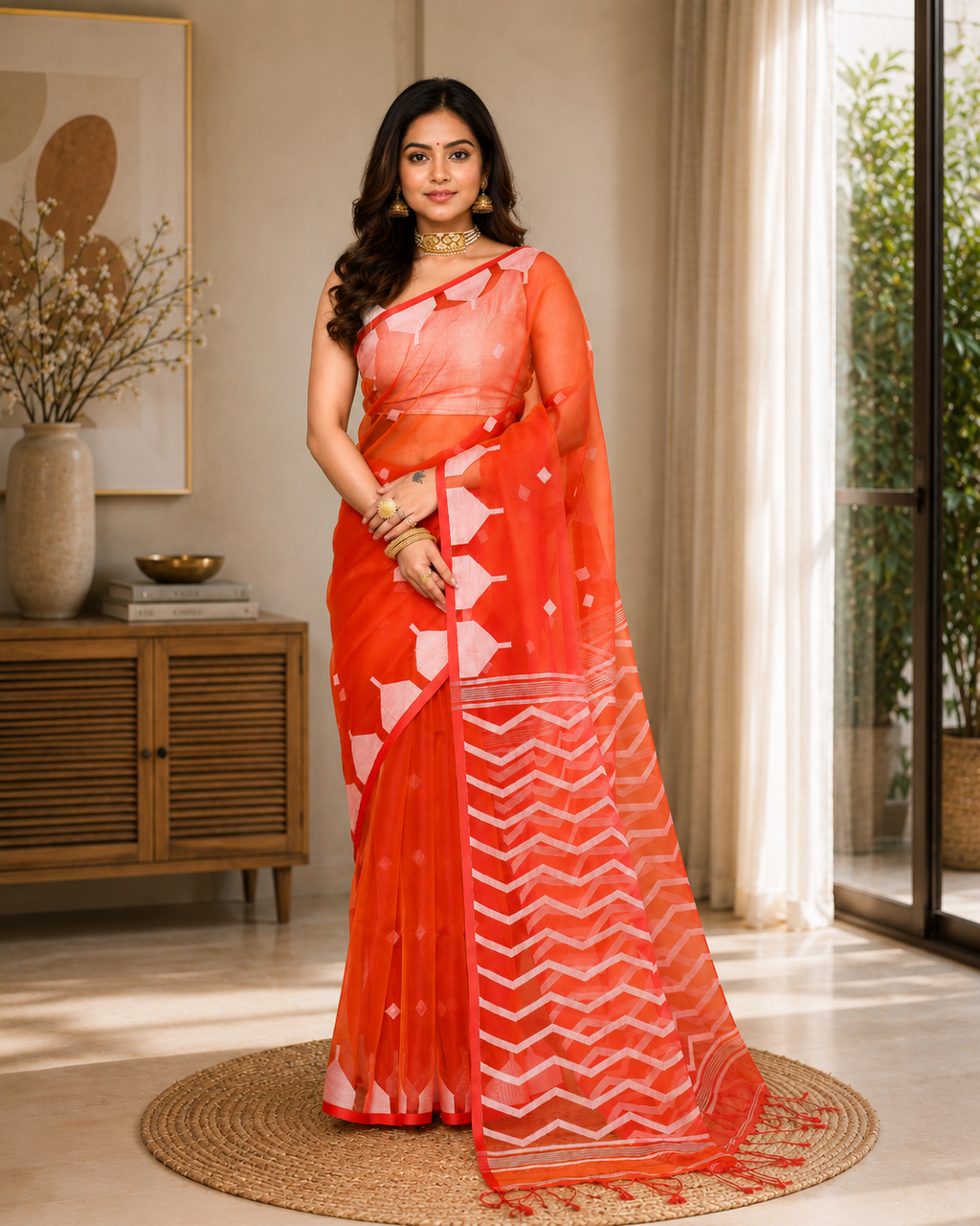 Women Silk Blend Orange Woven  Saree