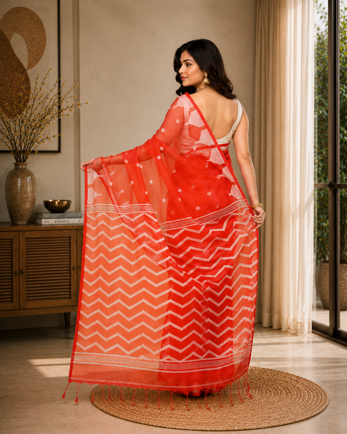 Women Silk Blend Orange Woven  Saree