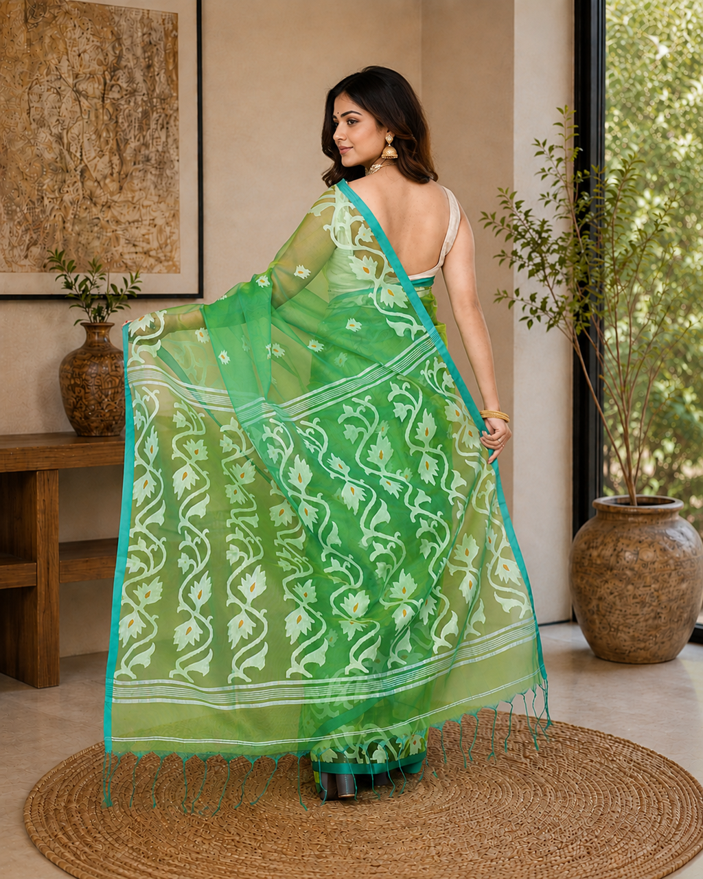 Women Silk Blend Green Woven  Saree