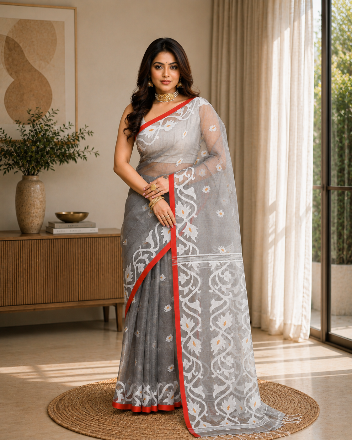 Women Silk Blend Grey Woven  Saree