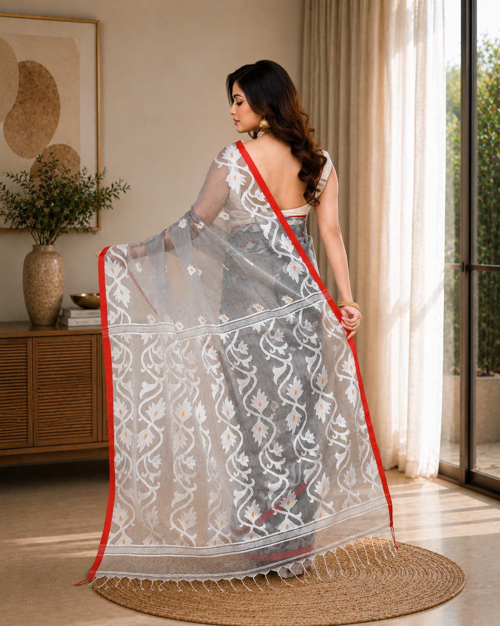 Women Silk Blend Grey Woven  Saree