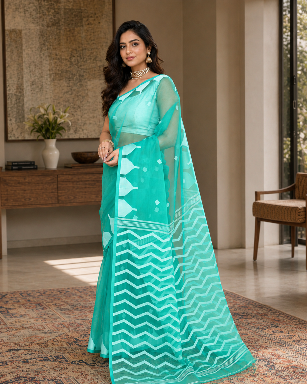 Women Silk Blend Turquoise Woven  Saree