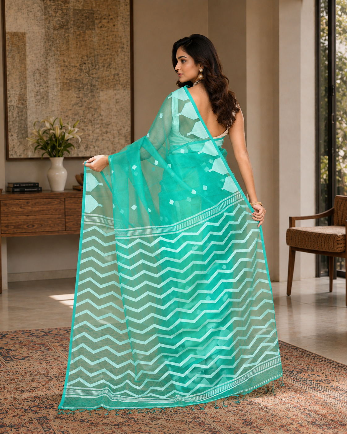 Women Silk Blend Turquoise Woven  Saree