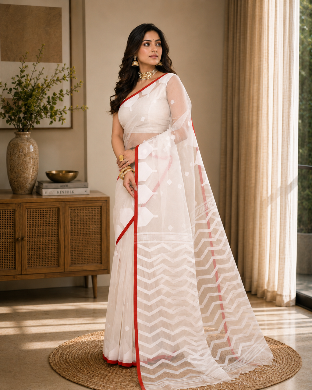 Women Silk Blend White Woven  Saree