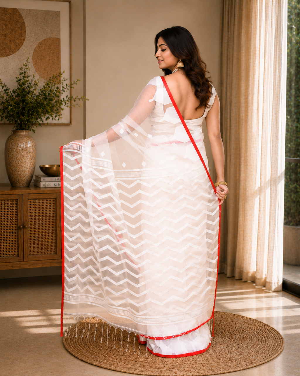 Women Silk Blend White Woven  Saree