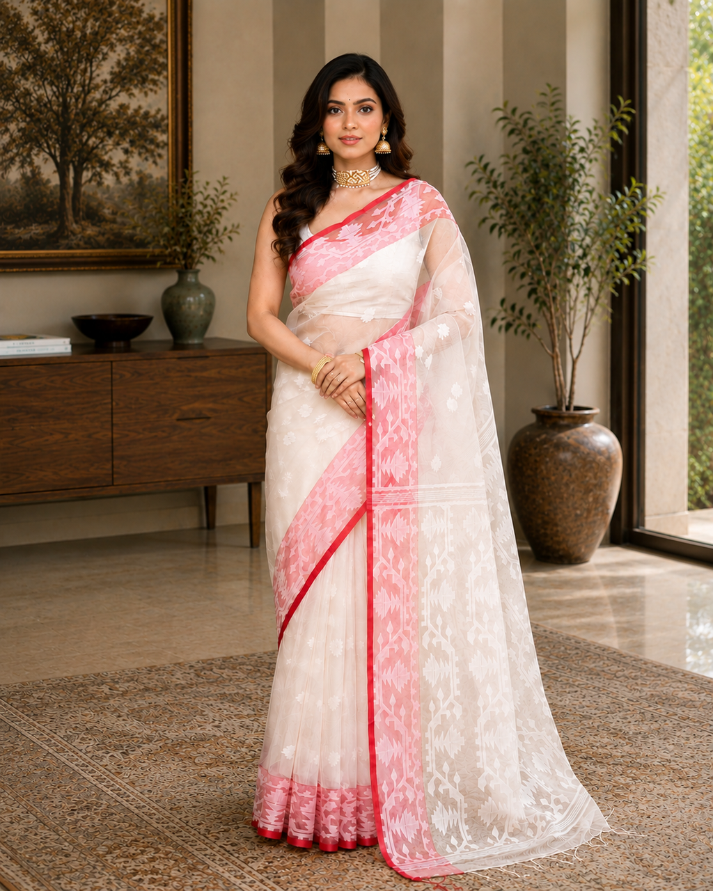 Women Silk Blend White Woven  Saree