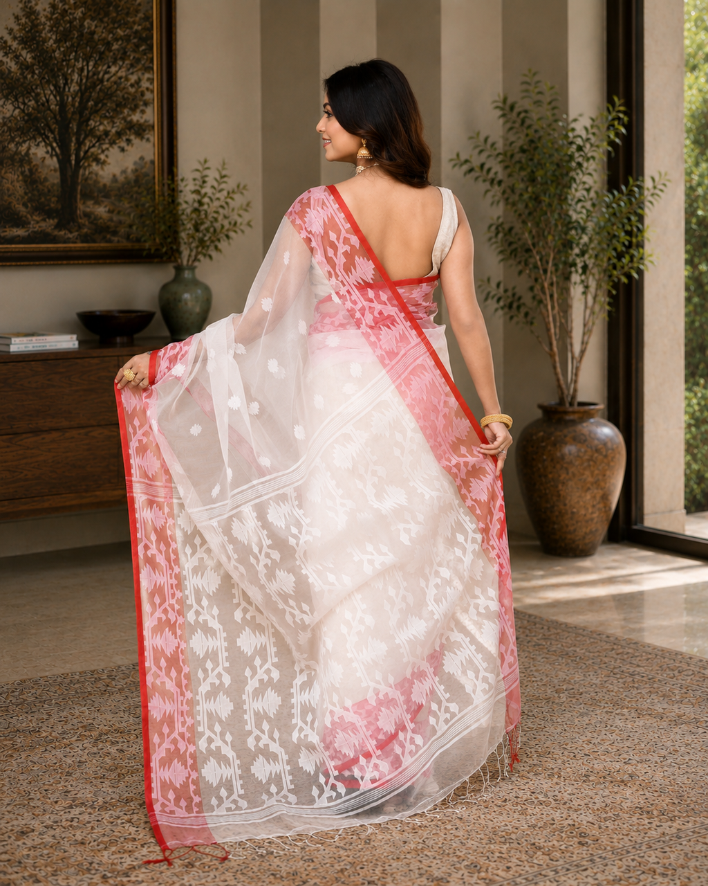 Women Silk Blend White Woven  Saree