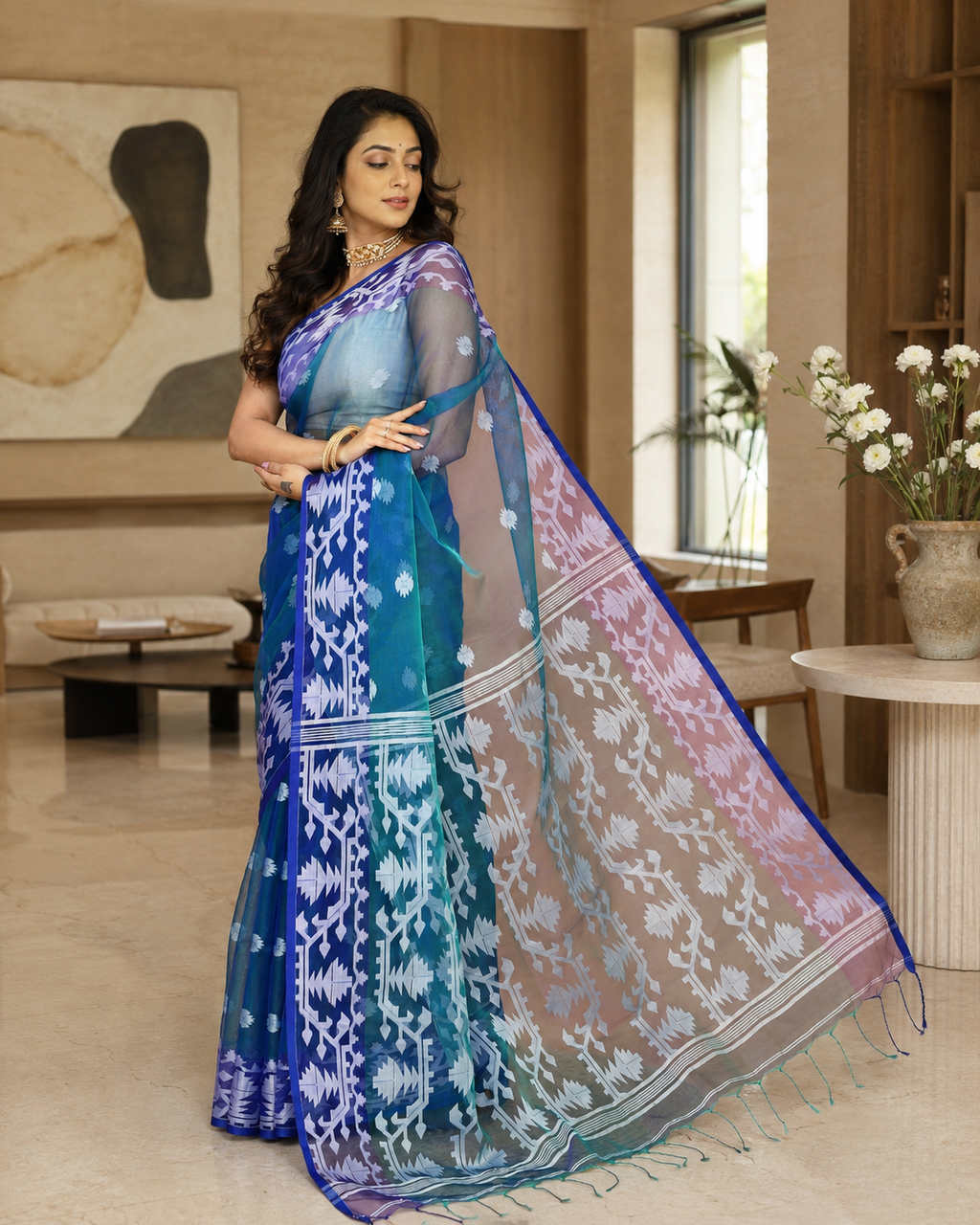 Women Silk Blend Blue Woven  Saree