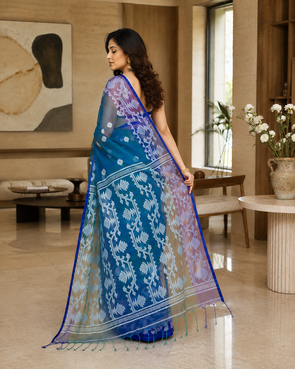 Women Silk Blend Blue Woven  Saree