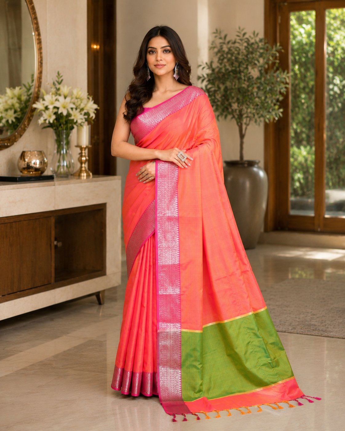 Women Bangalore Silk Pink Orange Woven  Saree