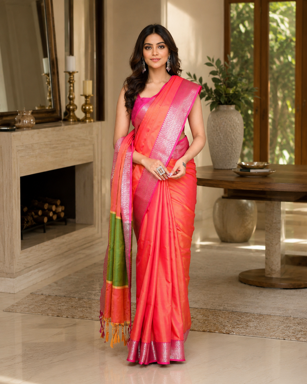 Women Bangalore Silk Pink Orange Woven  Saree