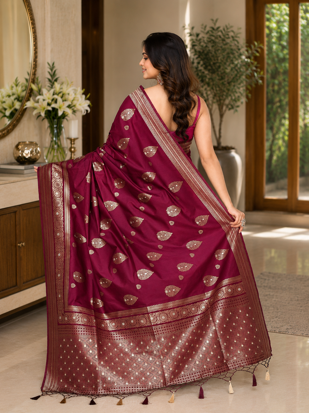 Women Bangalore Silk Deep Magenta Woven  Saree