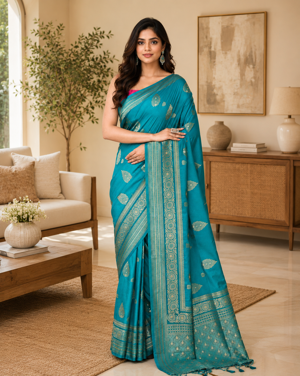 Women Bangalore Silk Turquoise Woven  Saree