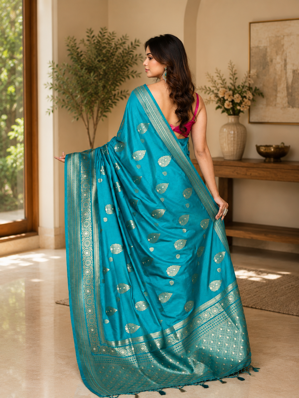 Women Bangalore Silk Turquoise Woven  Saree