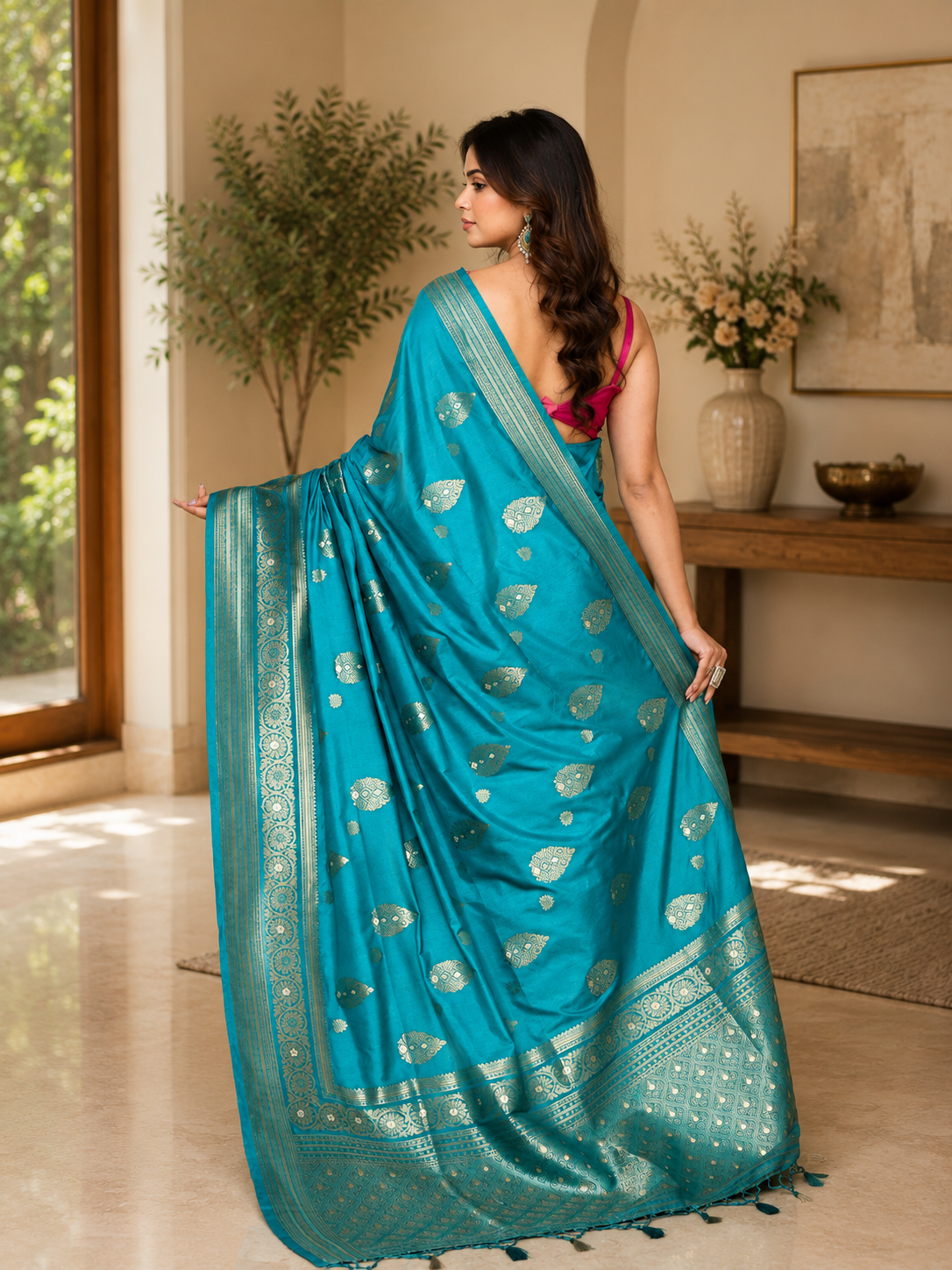 Women Bangalore Silk Turquoise Woven  Saree