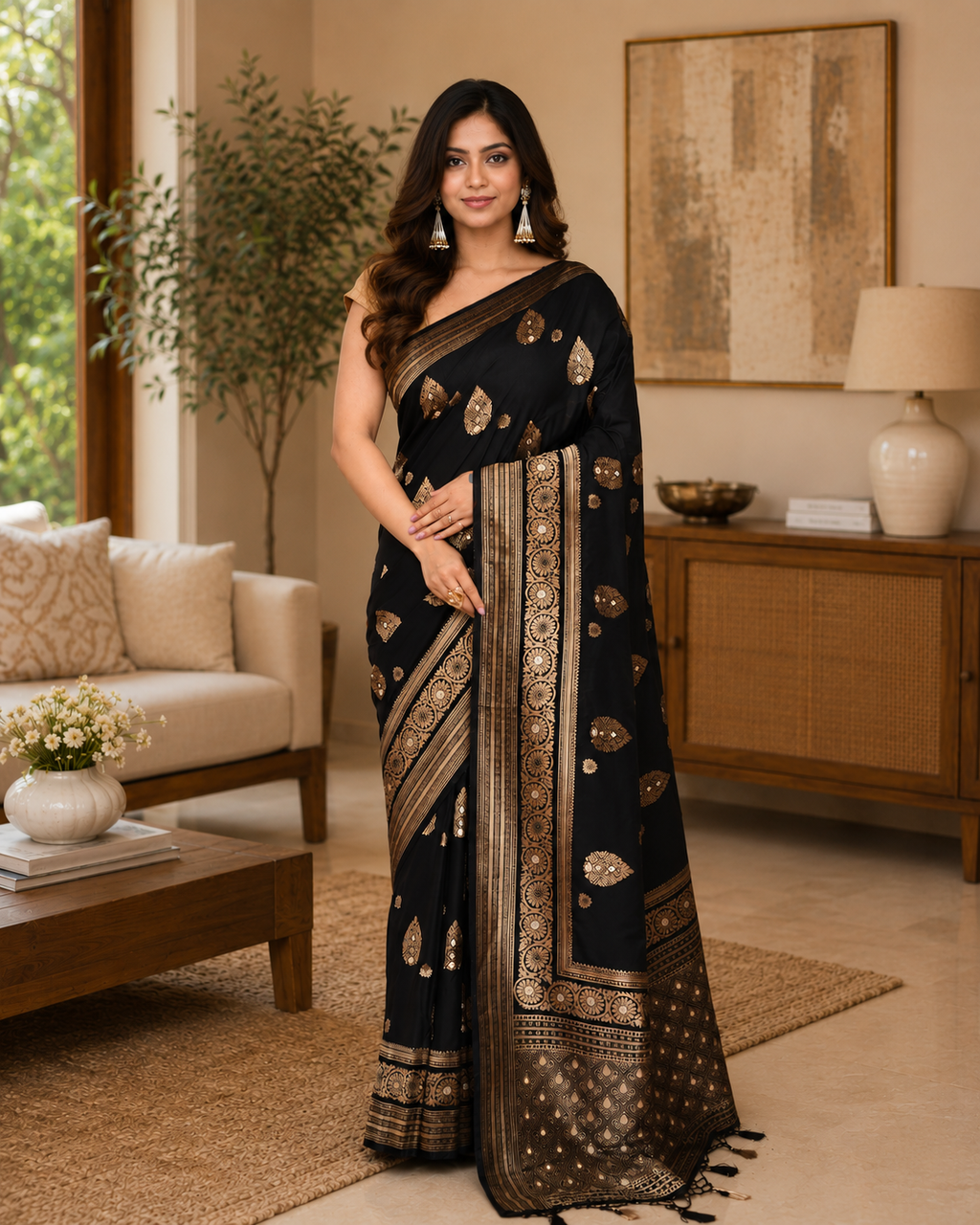 Women Bangalore Silk Black Woven  Saree