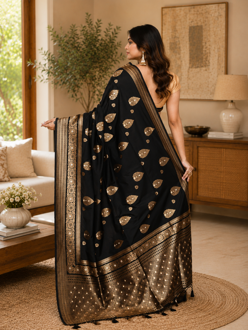 Women Bangalore Silk Black Woven  Saree