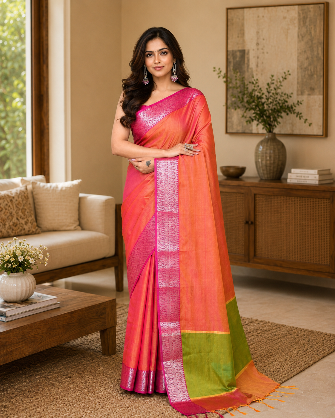 Women Bangalore Silk Pastel Pink Yellow Woven  Saree
