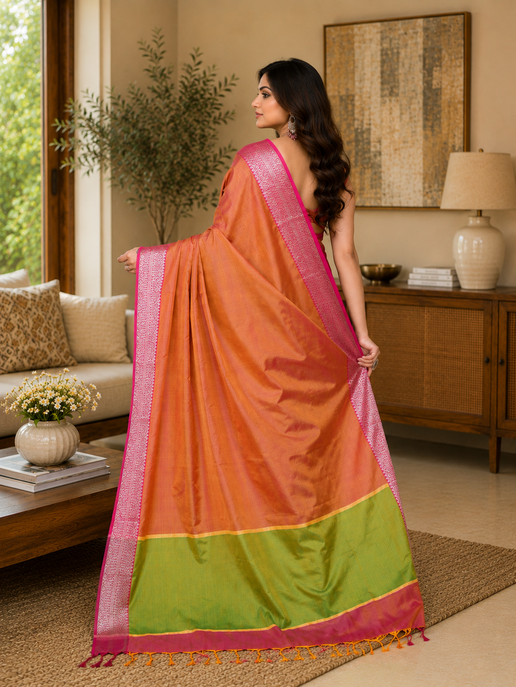Women Bangalore Silk Pastel Pink Yellow Woven  Saree