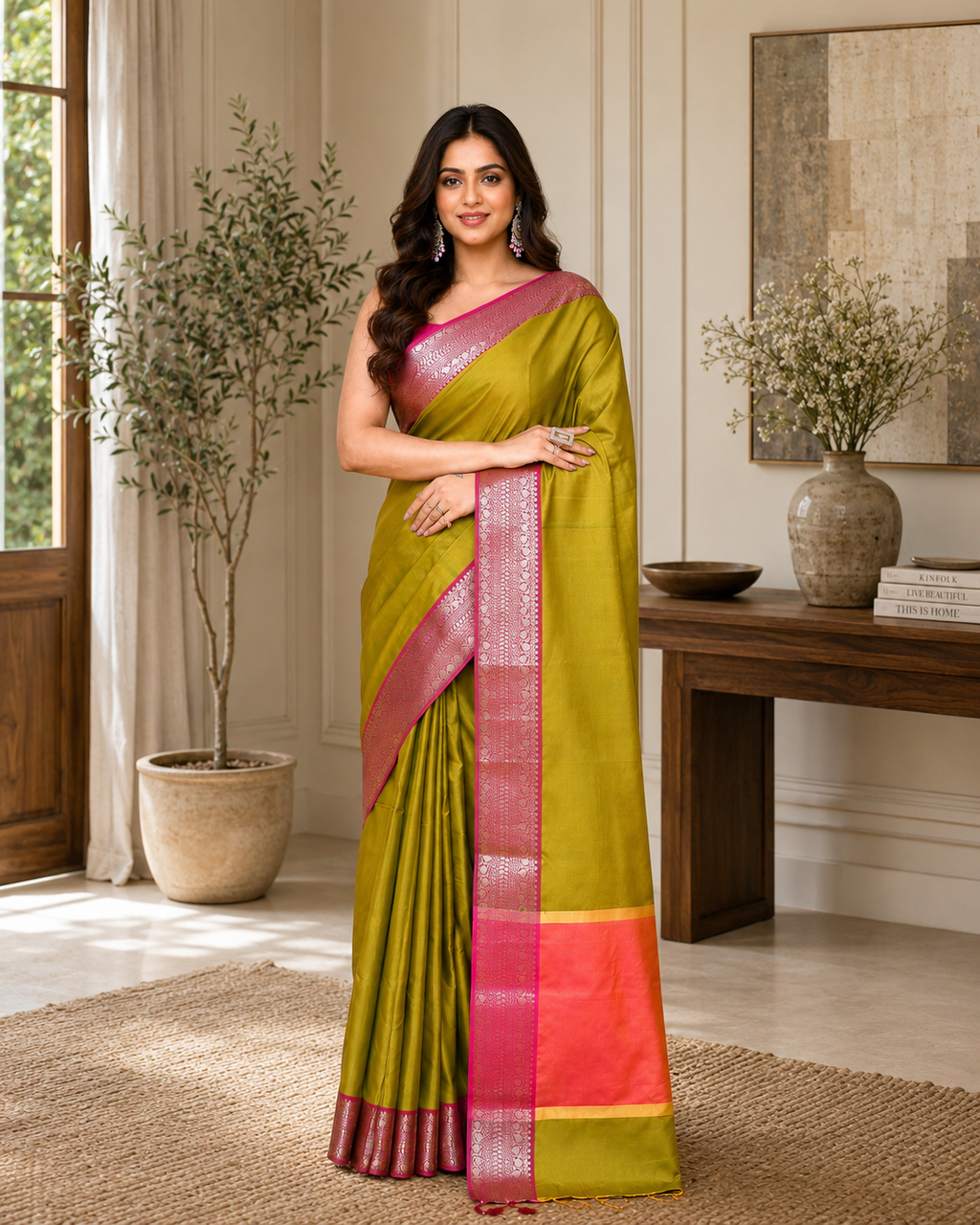 Women Bangalore Silk Olive Woven  Saree
