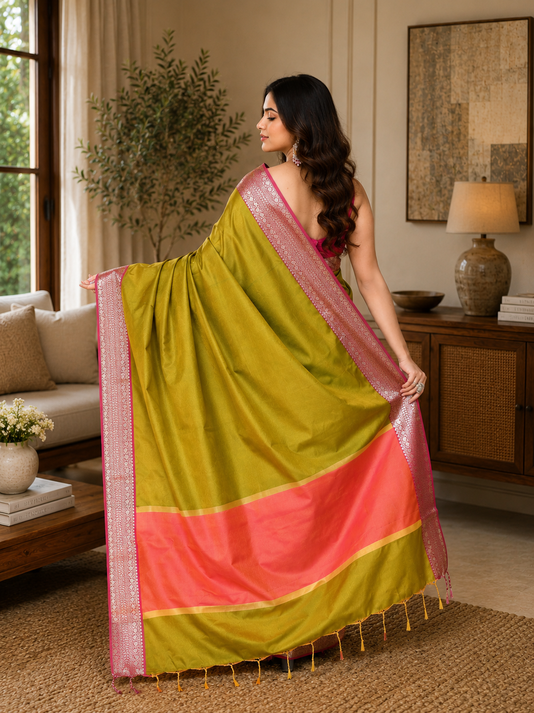 Women Bangalore Silk Olive Woven  Saree