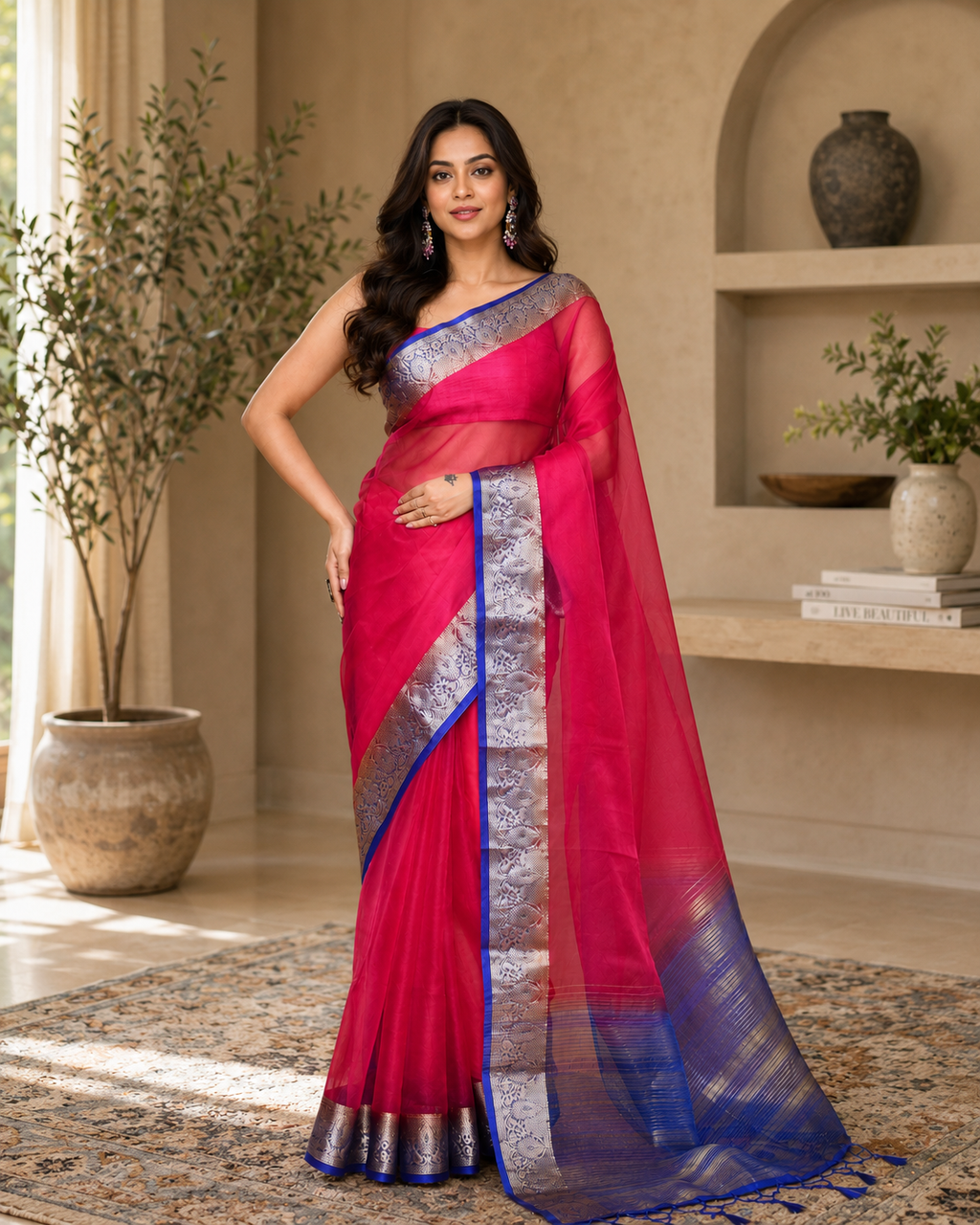 Women Organza Rani Pink Woven  Saree