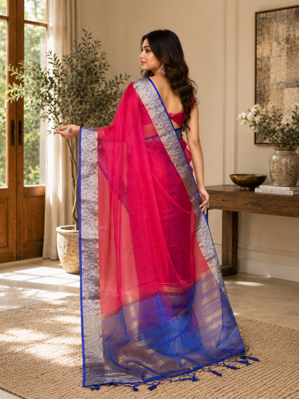 Women Organza Rani Pink Woven  Saree