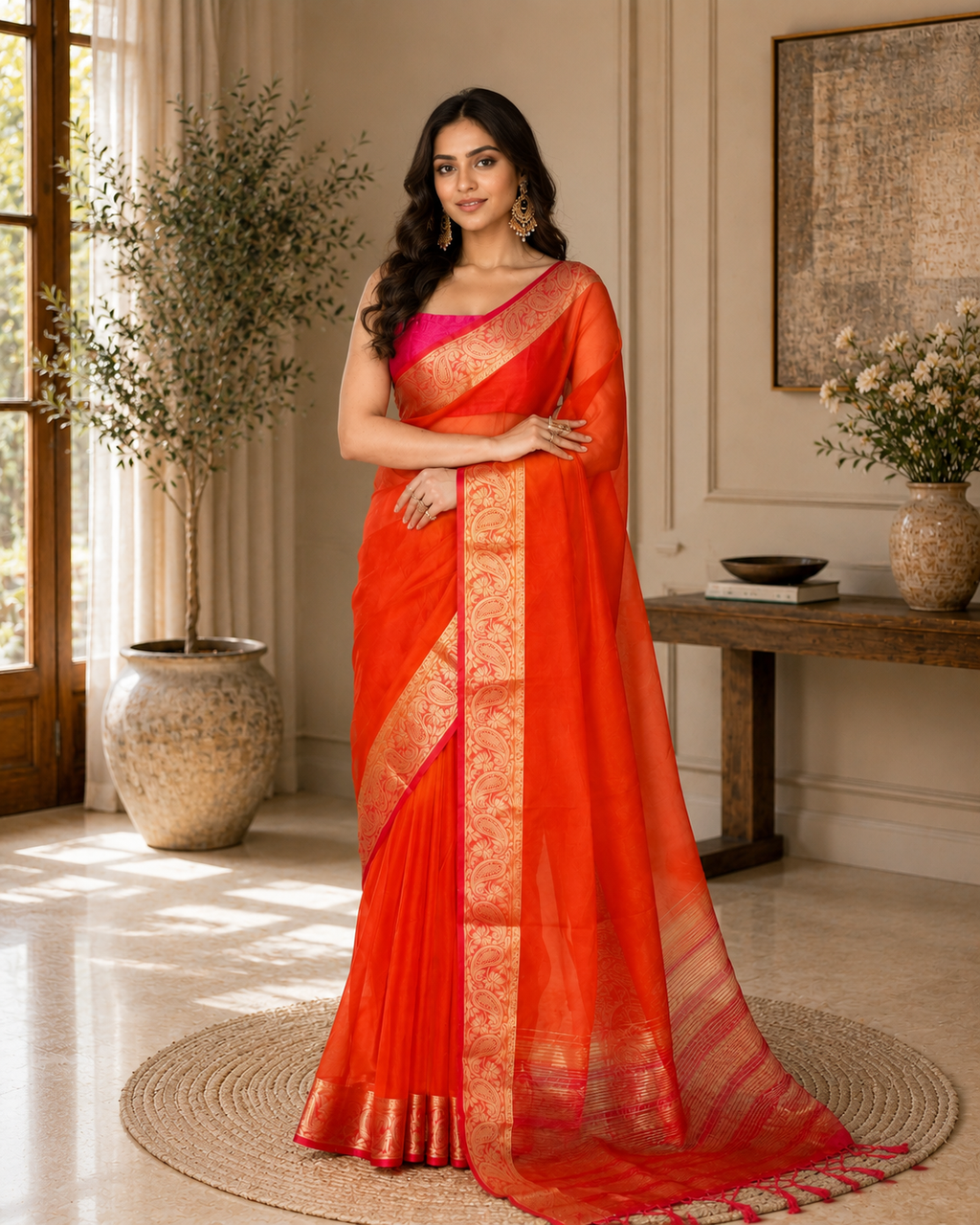 Women Organza Orange Woven  Saree