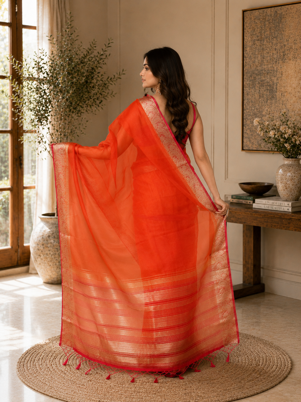 Women Organza Orange Woven  Saree