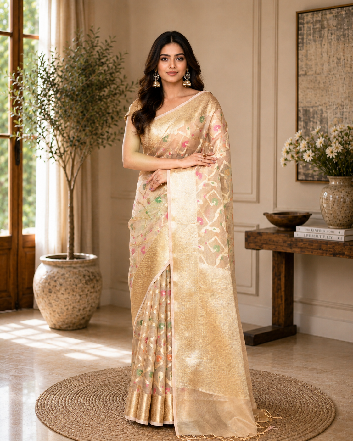 Women Bangalore Silk Beige Woven  Saree