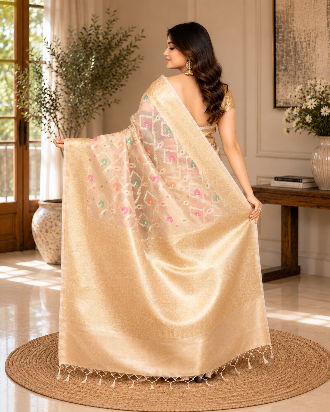 Women Bangalore Silk Beige Woven  Saree