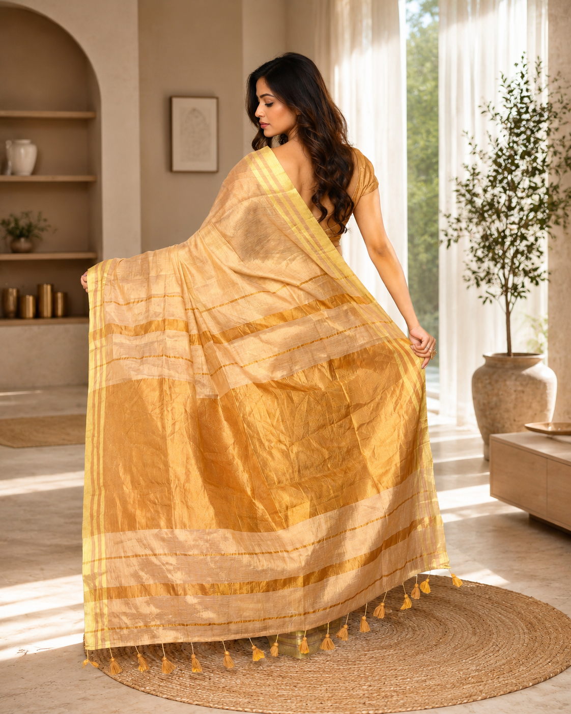 Women Tissue Beige Woven  Saree