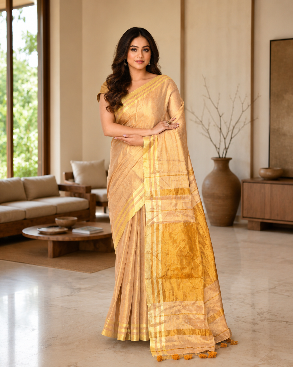 Women Tissue Beige Woven  Saree