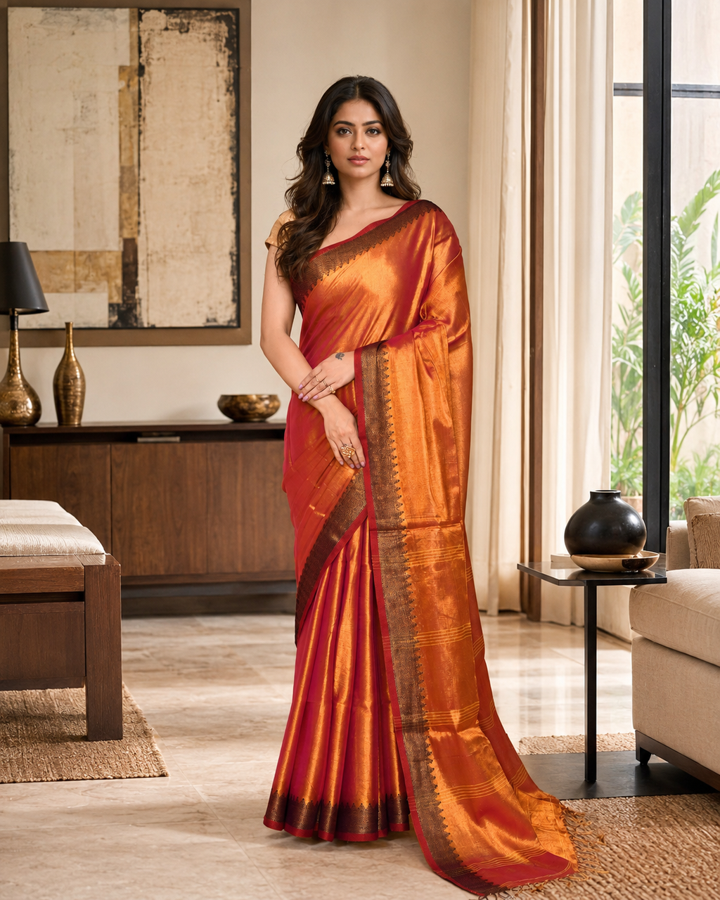 Women Tissue Pink Yellow Woven Saree