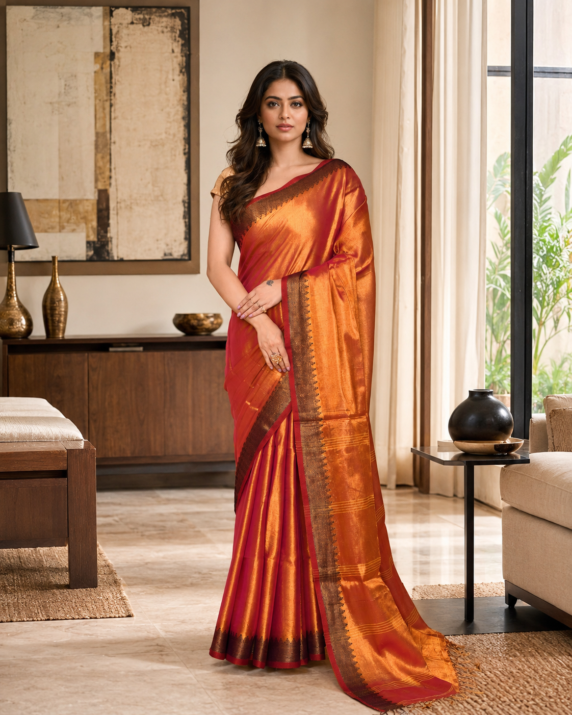 Women Tissue Pink Yellow Woven Saree
