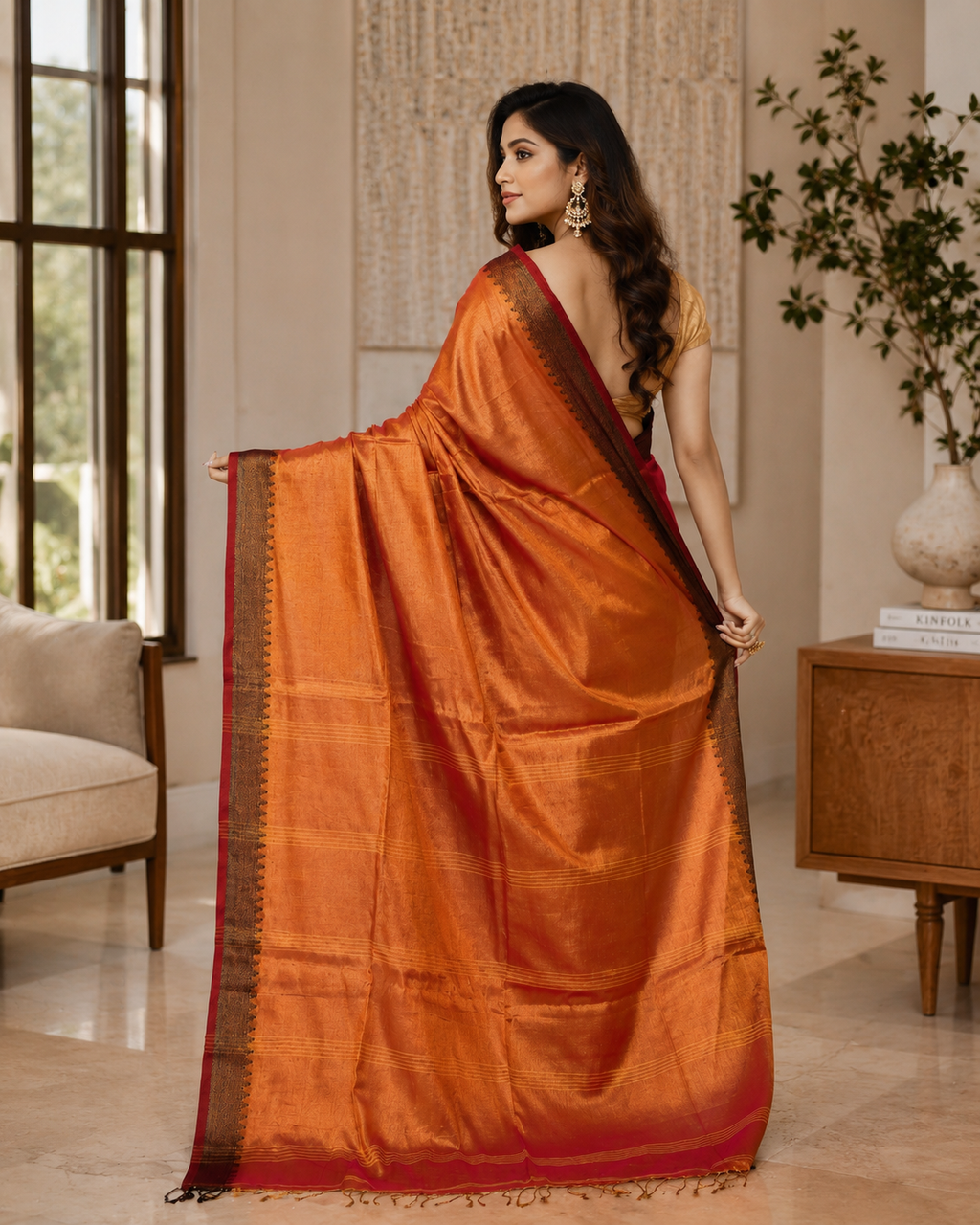 Women Tissue Pink Yellow Woven Saree