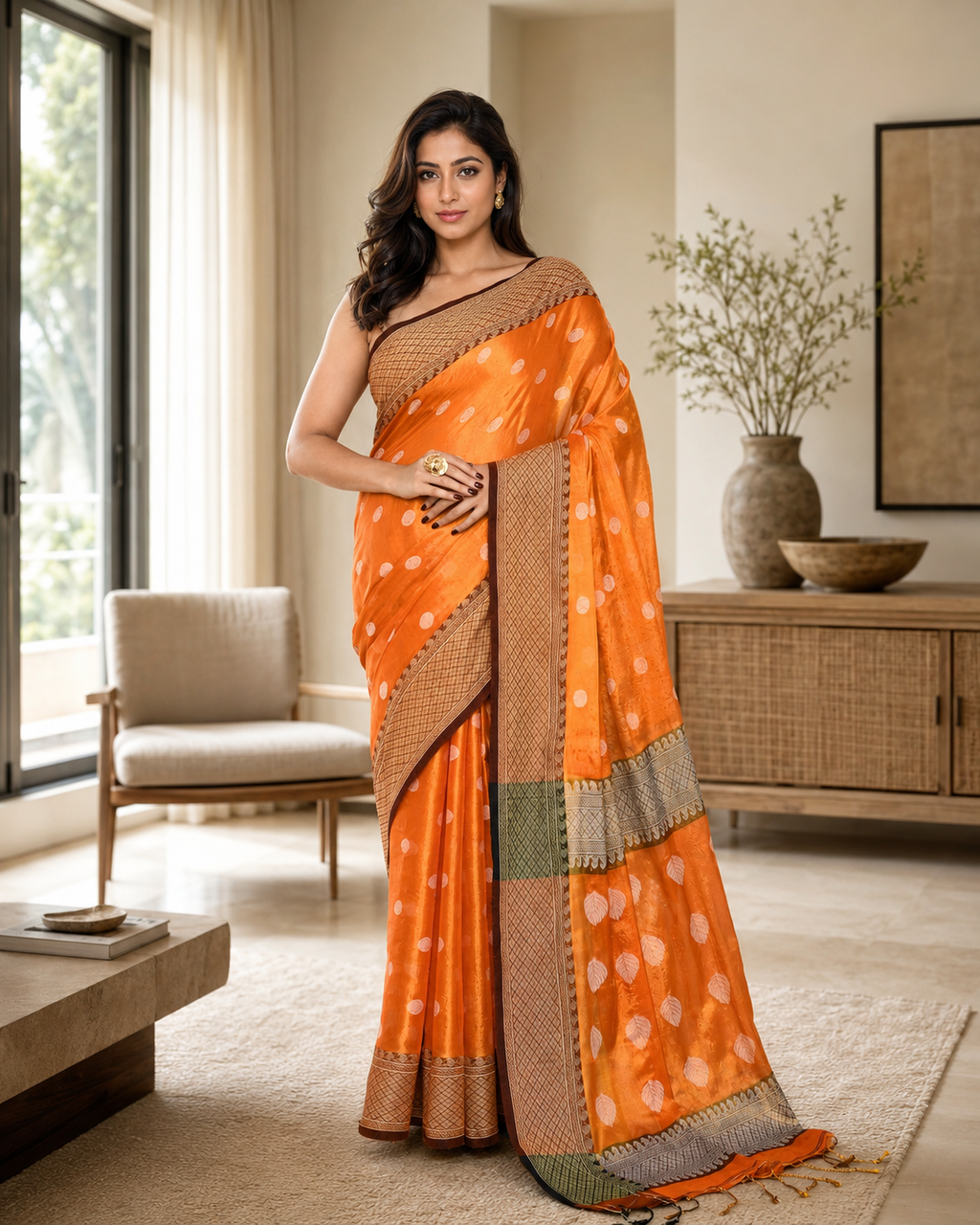Women Tissue Orange Woven  Saree
