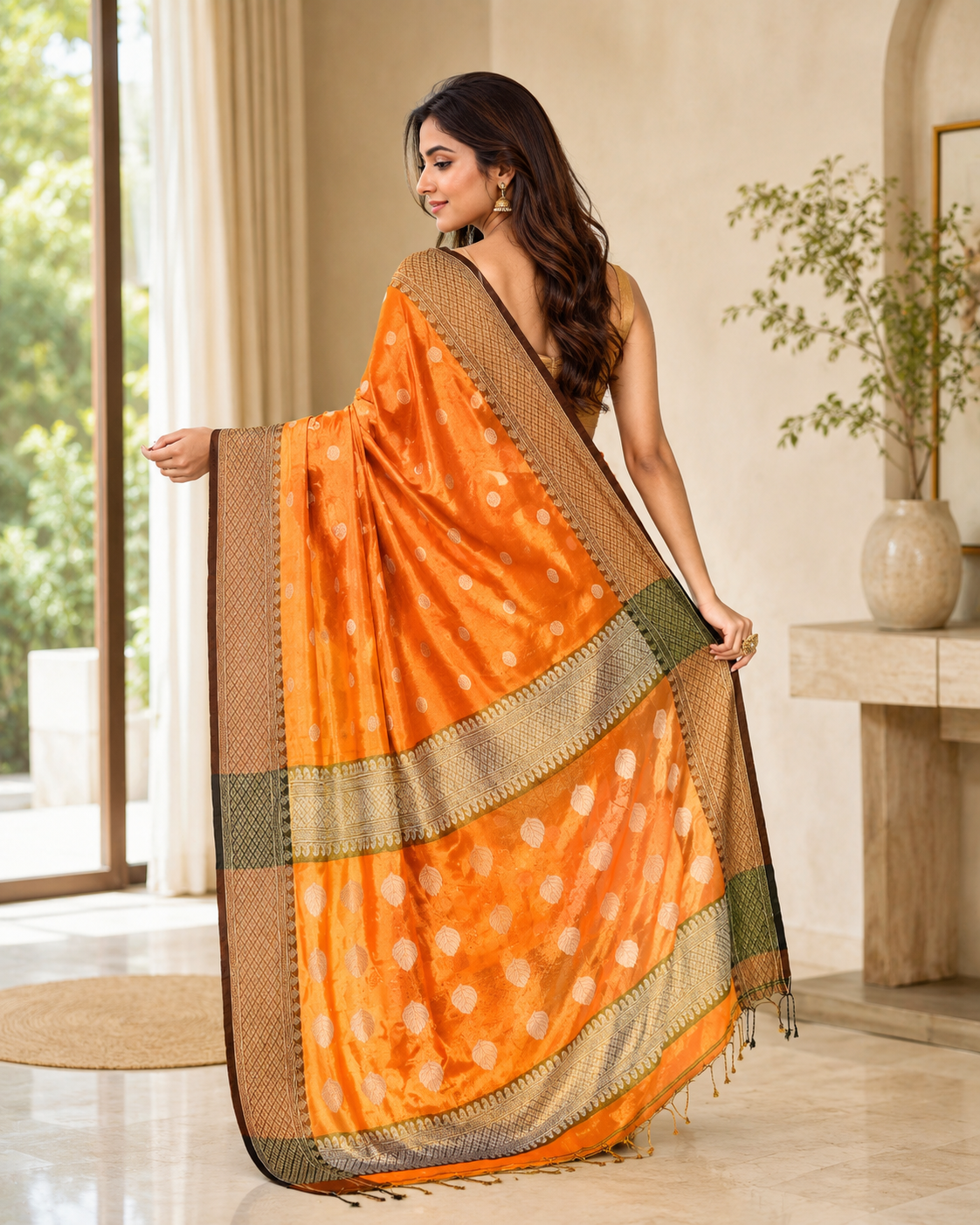Women Tissue Orange Woven  Saree