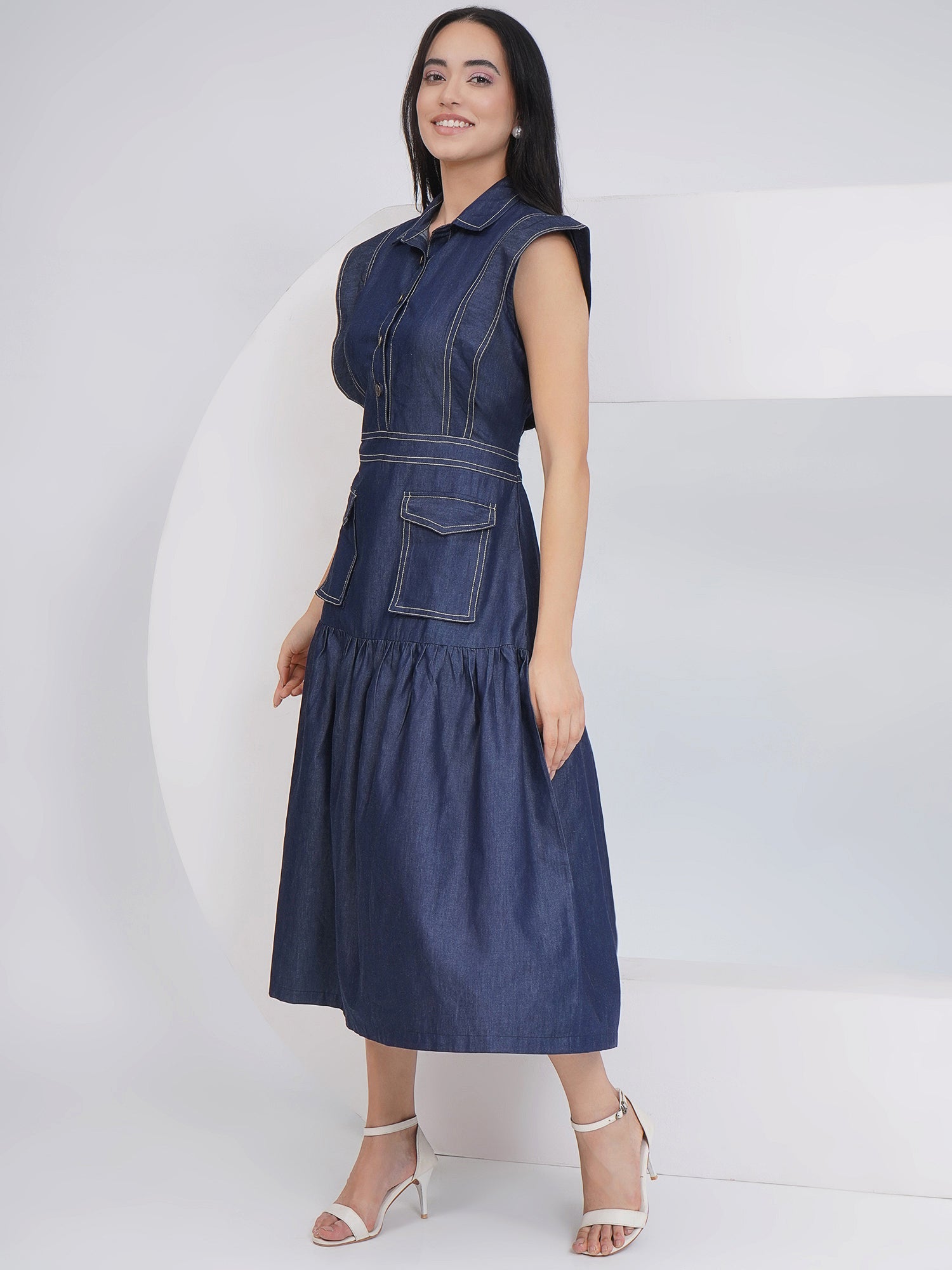 Ethnic Blue Denim Midi Party Wear Dress