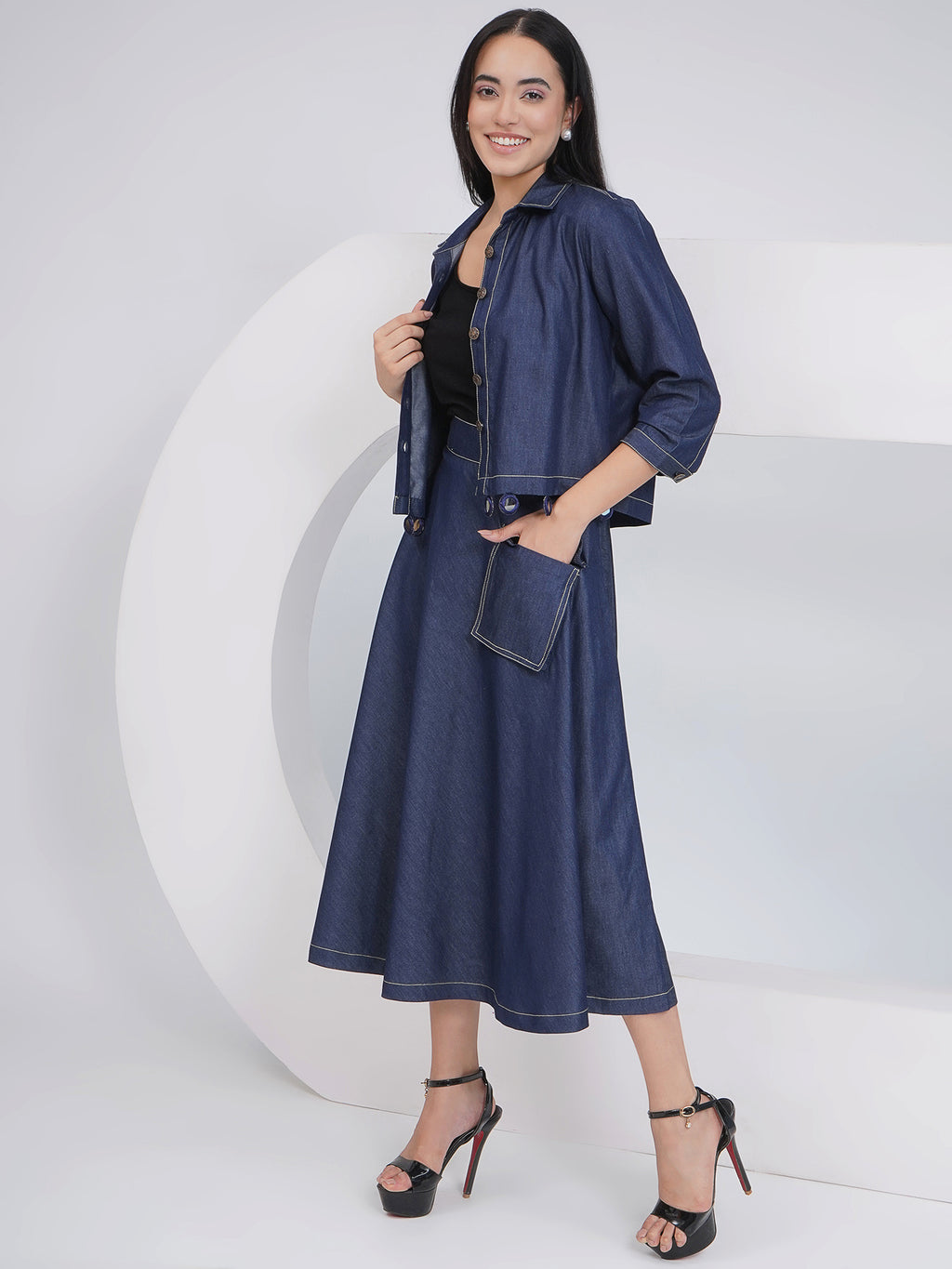 Ethnic Black Denim A Line skirt with Inner and Jacket