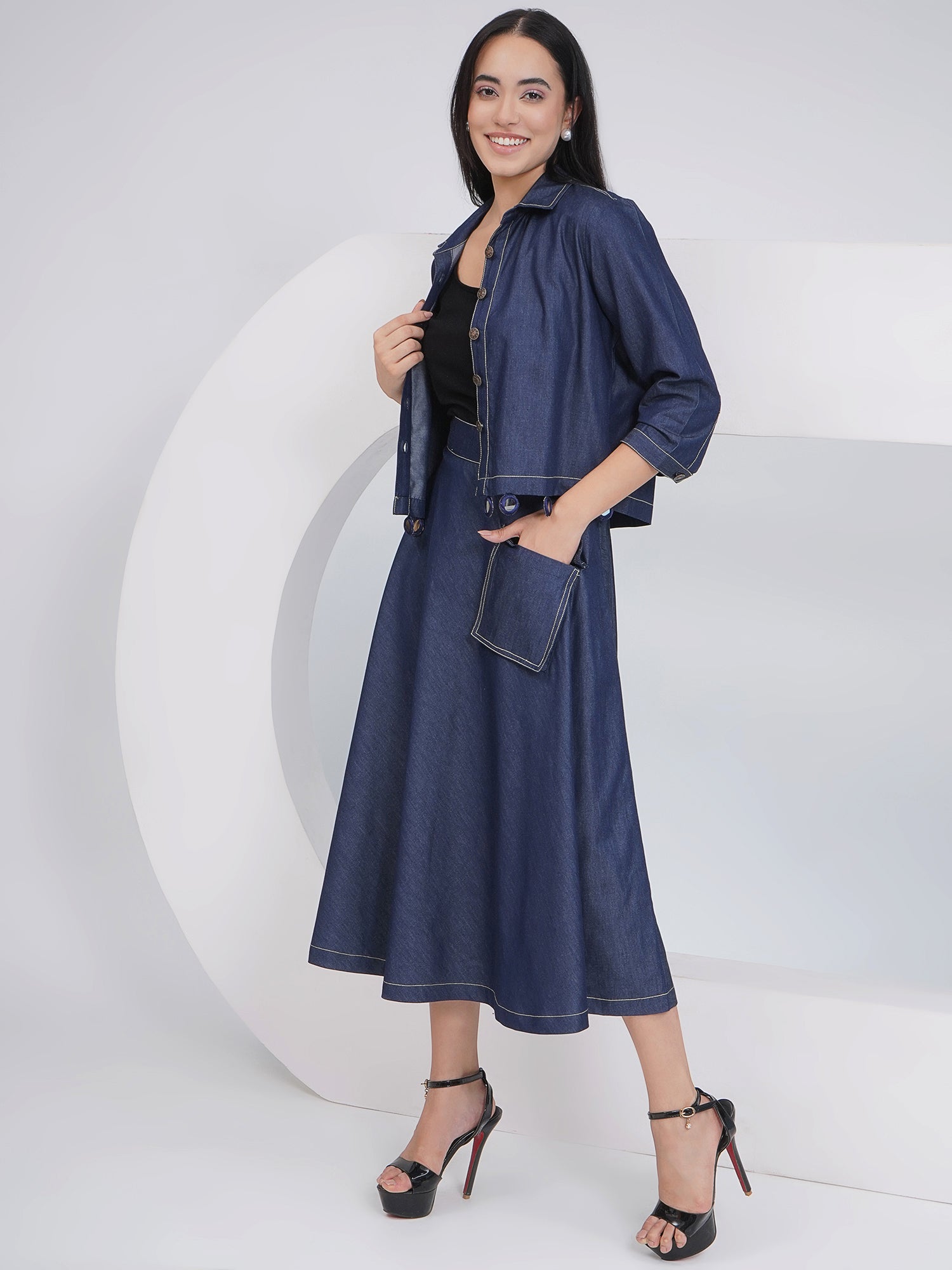 Ethnic Black Denim A Line skirt with Inner and Jacket