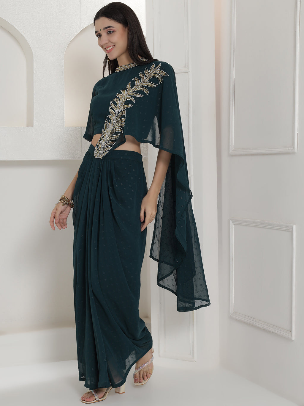 Green Georgette Drape Skirt Set