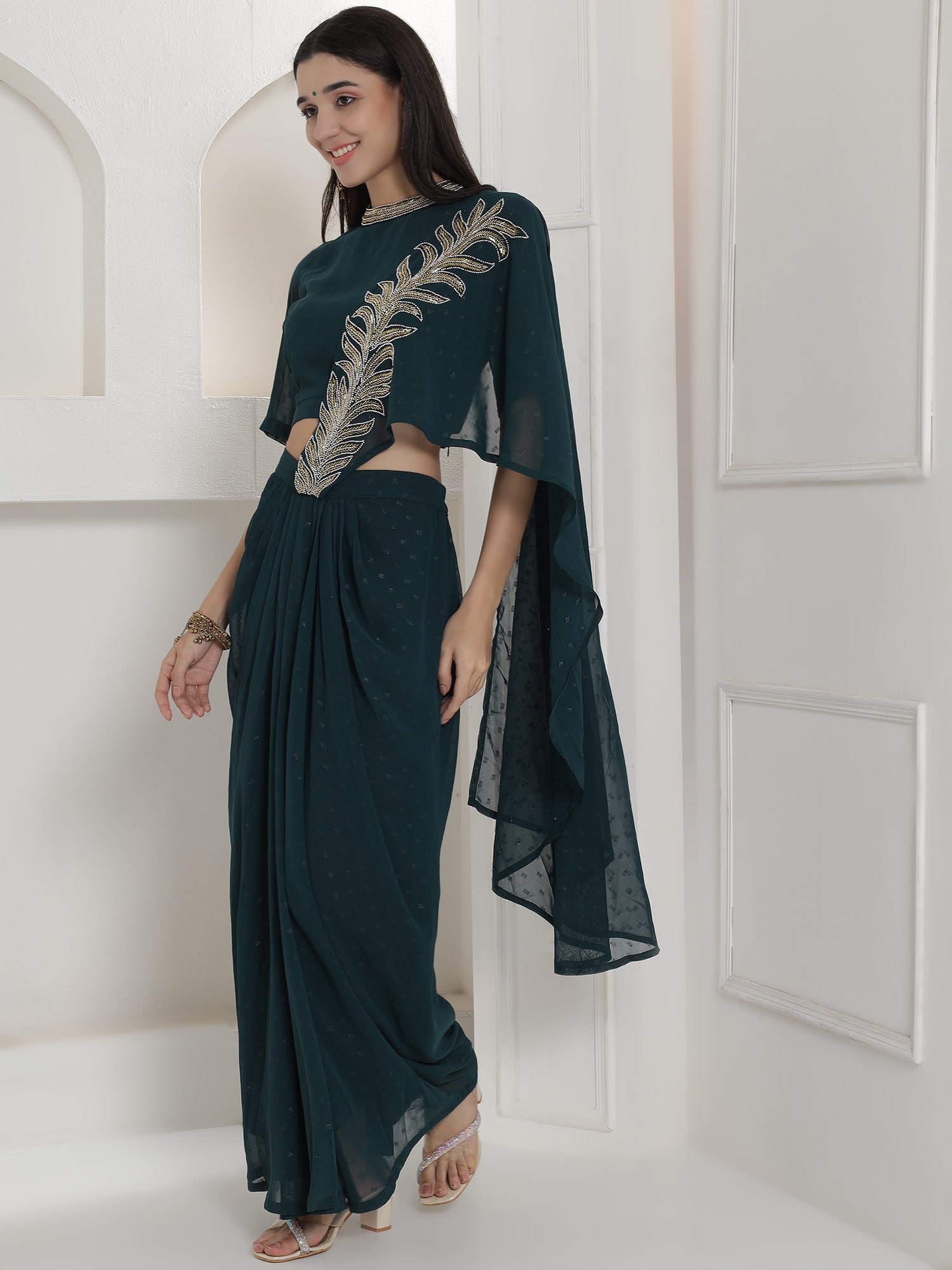 Green Georgette Drape Skirt Set