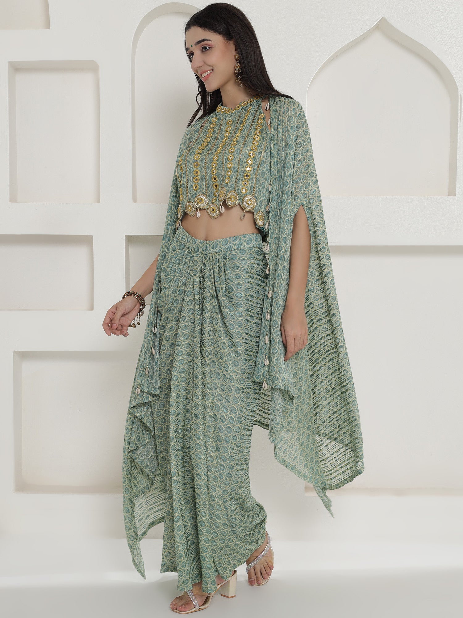 Green Georgette Cape inner and Shirt set