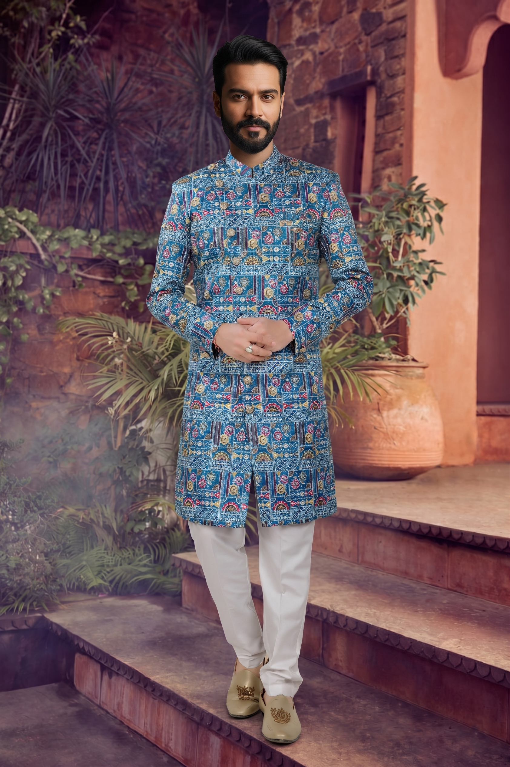Men's SILK BLUE(MULTI COLOURS)  SEMI-INDO-WESTERN
