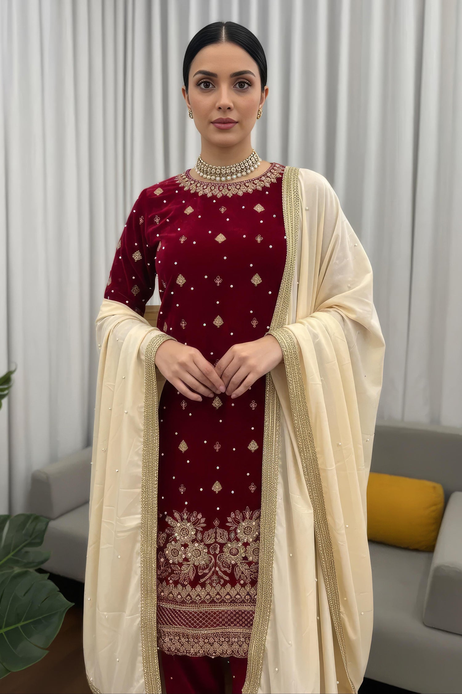 Women Maroon Velvet Kurta Set