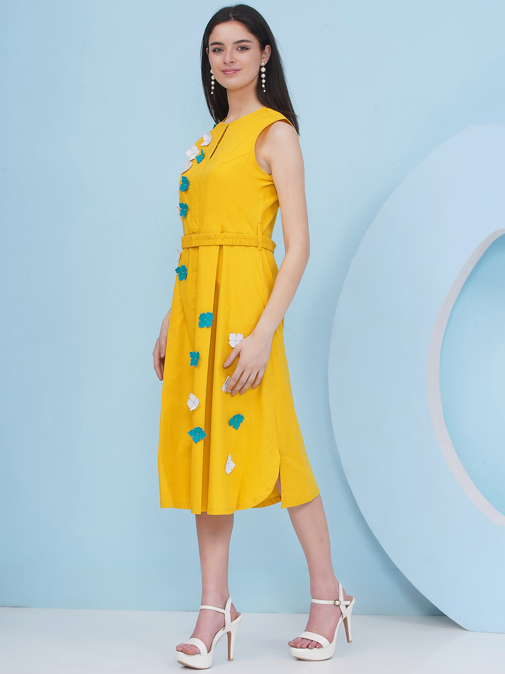 Yellow Party Wear Dress With Belt