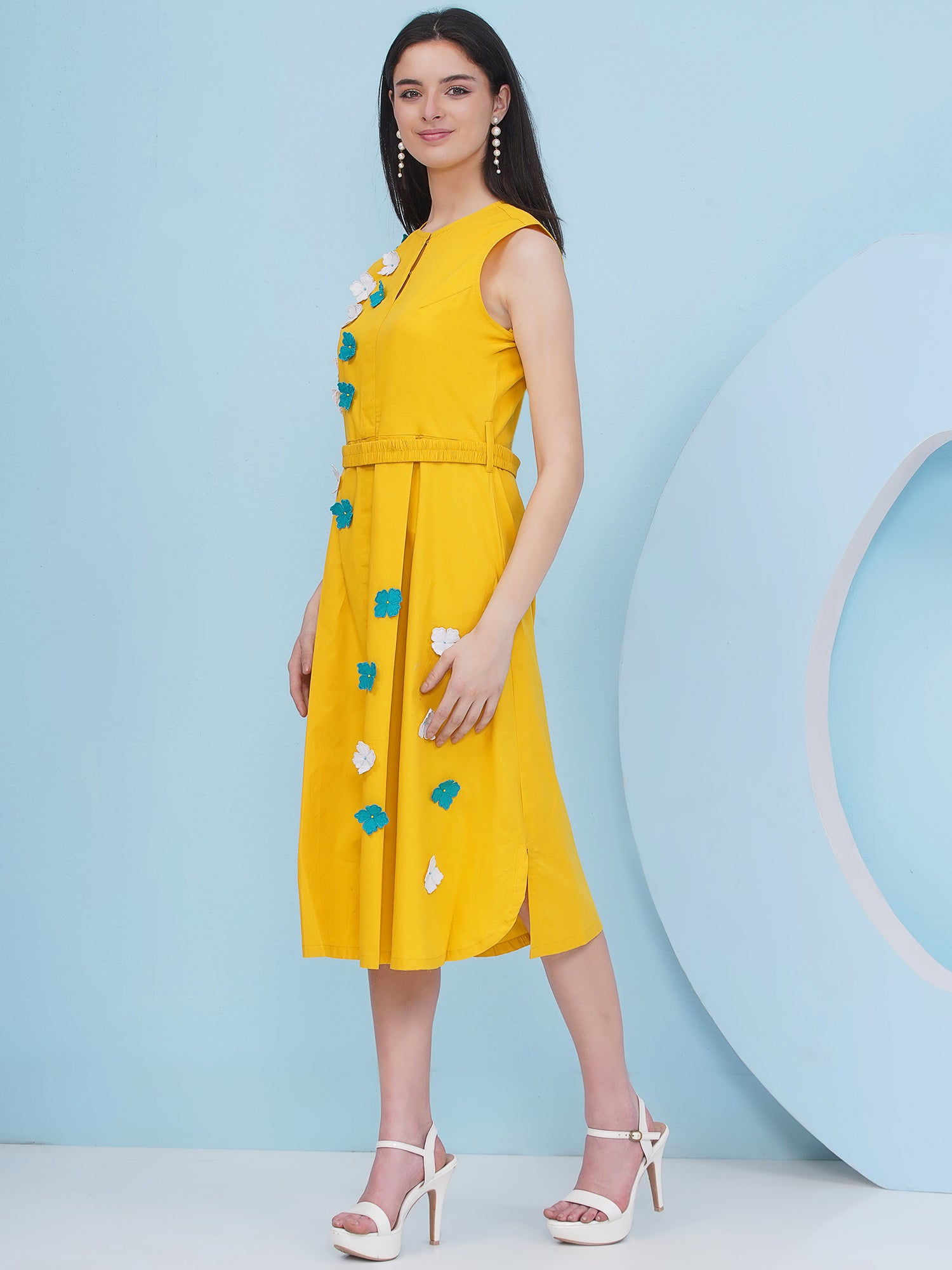 Yellow Party Wear Dress With Belt