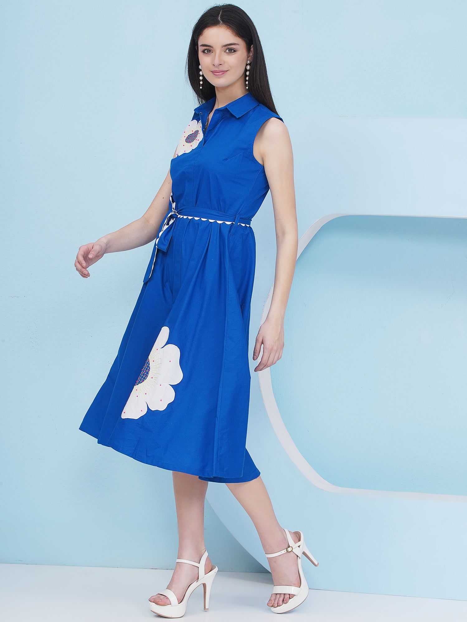 Embroidery Royal Blue Party Wear Dress With Belt