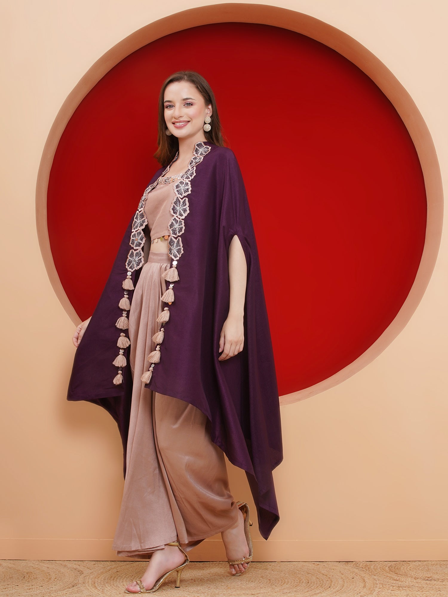 Women Purple and Rose Gold Skirt set with Cape